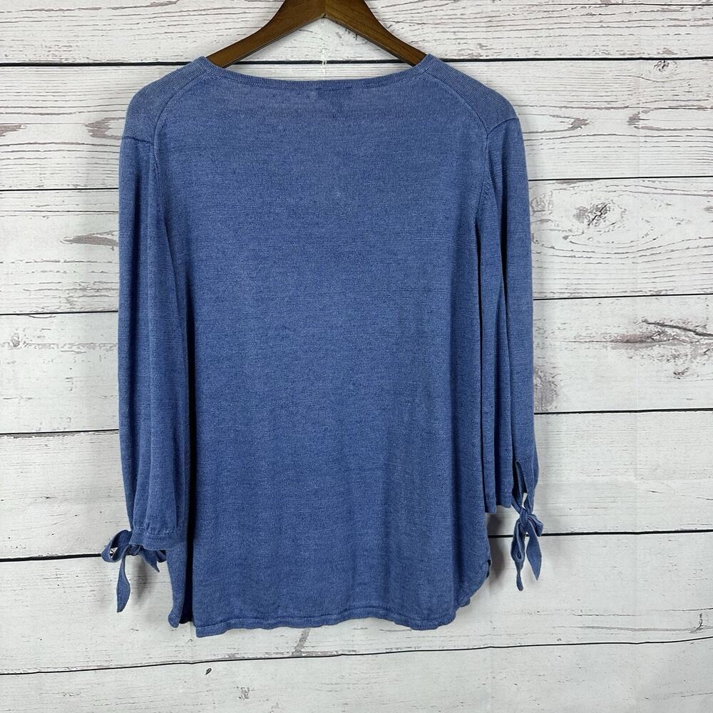 Talbots Linen Top Womens Large Blue Popover Tie Sleeve Breathable‎ Costal Beach - Picture 4 of 12
